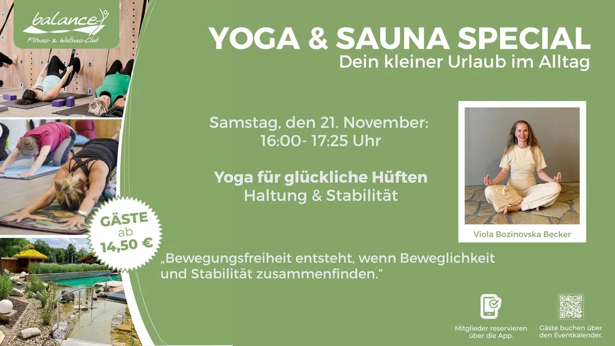 Yoga & Sauna Special: Yoga für glückliche Hüften mit Viola Bozinovska Becker im Balance Kassel